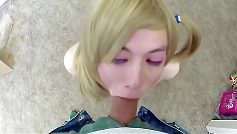 Blonde shemale gets fucked in deepthroat porn clip