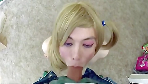 Shemale in lingerie gets deepthroat sex with a guy