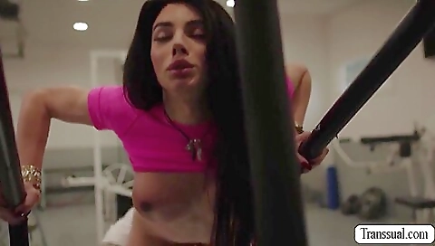 Big boobs babe in the gym gets analized by a bald dude